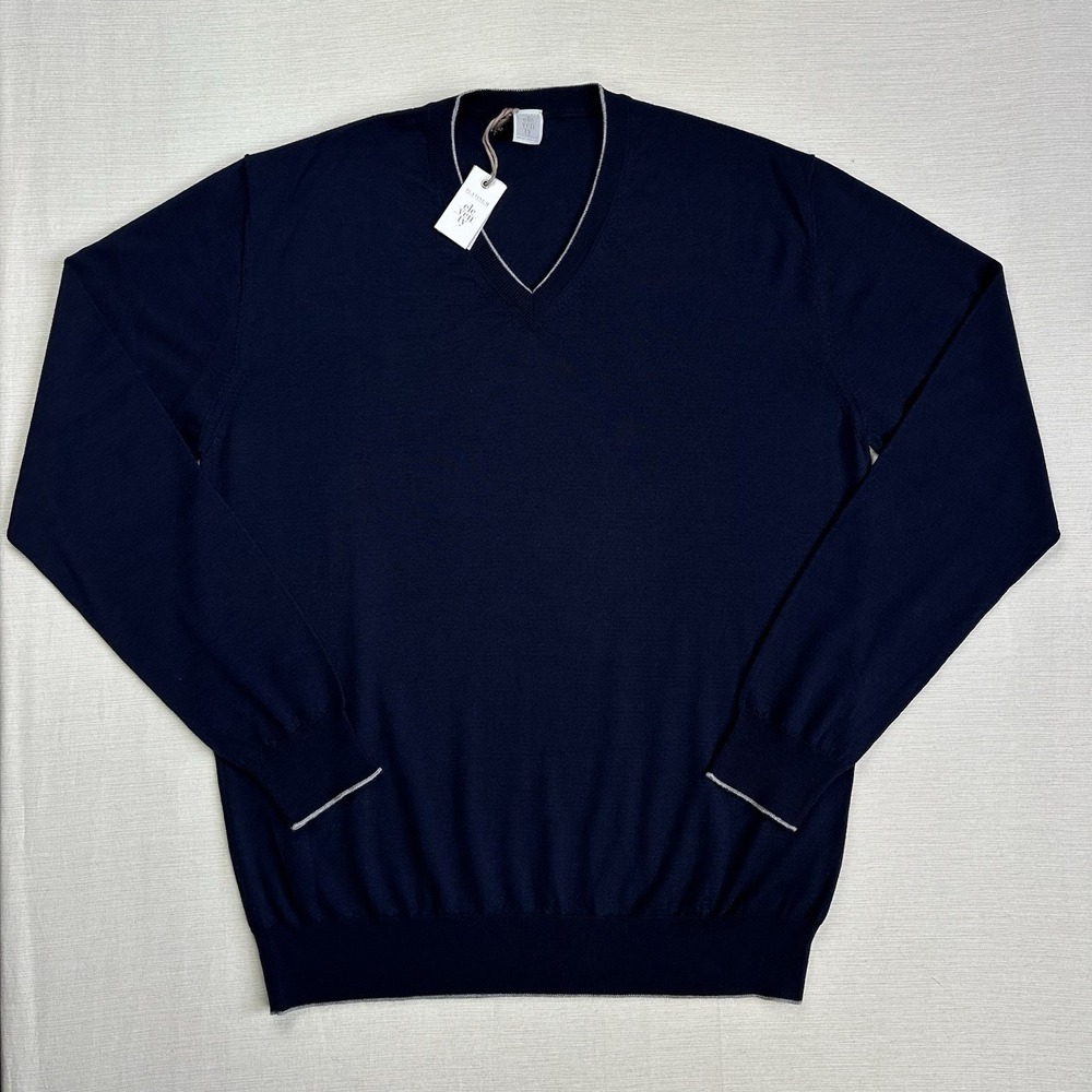 NWT Eleventy Silk Merino Wool Knit V Neck Sweater Women XXL Navy Blue Light Prep